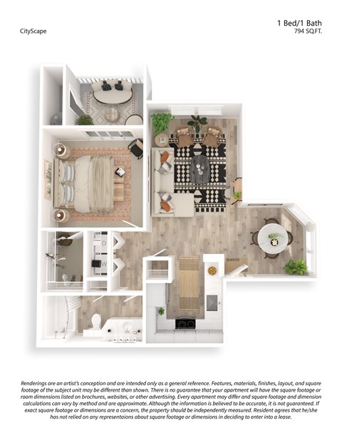 Floor plan for 1 bed, 1 bath, 794 sqft